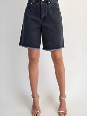 High-Waist Black Denim Longline Shorts